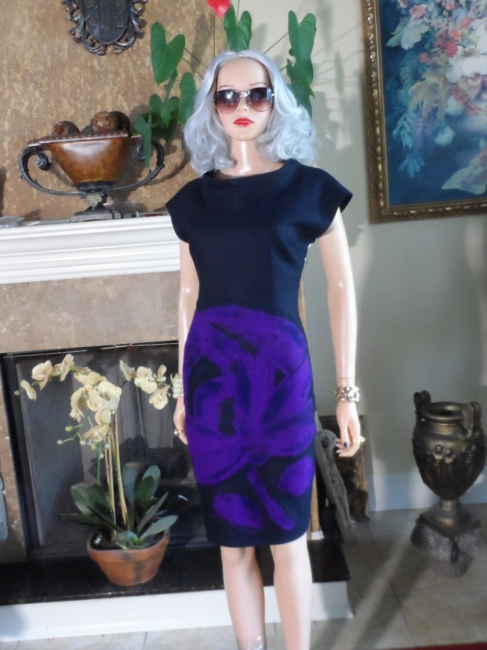 New Moschino Cheap and Chic Black & Purple Virgin Wool Sheath Dress Size 8